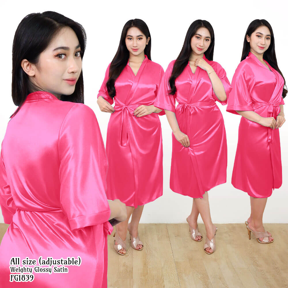 FOLVA Kimono wedding bridesmaid robe selutut baju tidur wanita Satin 1839PKIM Pink Tua Kimono (2)