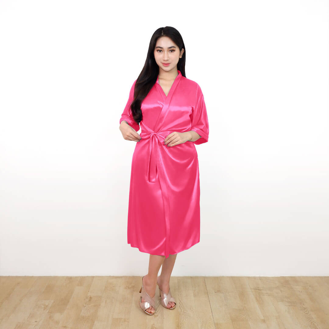 FOLVA Kimono wedding bridesmaid robe selutut baju tidur wanita Satin 1839PKIM Pink Tua Kimono (3)